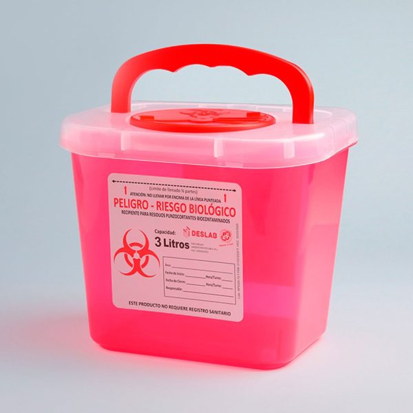 Recipiente para la eliminación de residuos punzocortantes biocontaminados de 3 litros