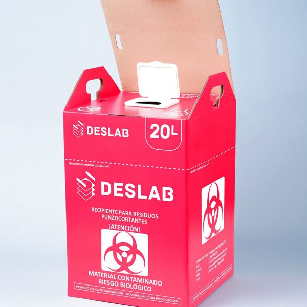 Recipiente para la eliminación de residuos punzocortantes biocontaminados de cartón microcorrugado de 20 litros