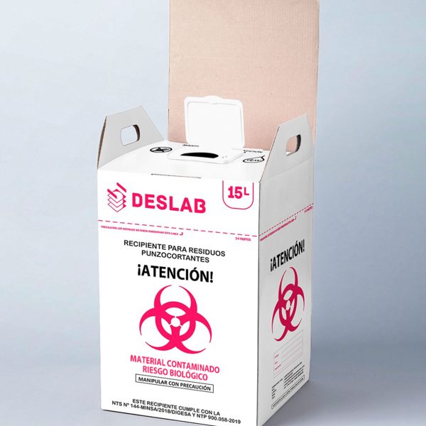 Recipiente para la eliminación de residuos punzocortantes biocontaminados de cartón microcorrugado de 15 litros