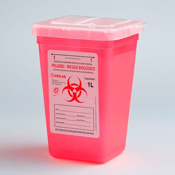 Recipiente para la eliminación de residuos punzocortantes biocontaminados de 1 litro